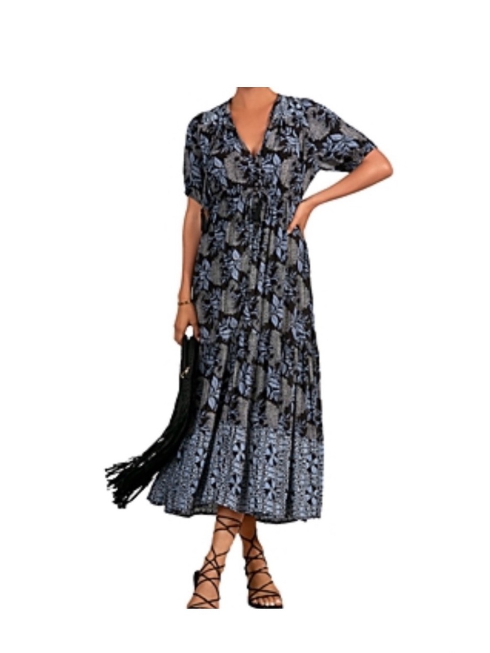 Elan Boho Maxi V-Neck Tiered Floral Print Size L
